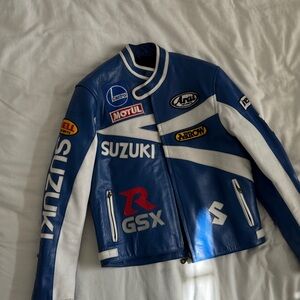 Blue and White Suzuki Motorcicle Jacket